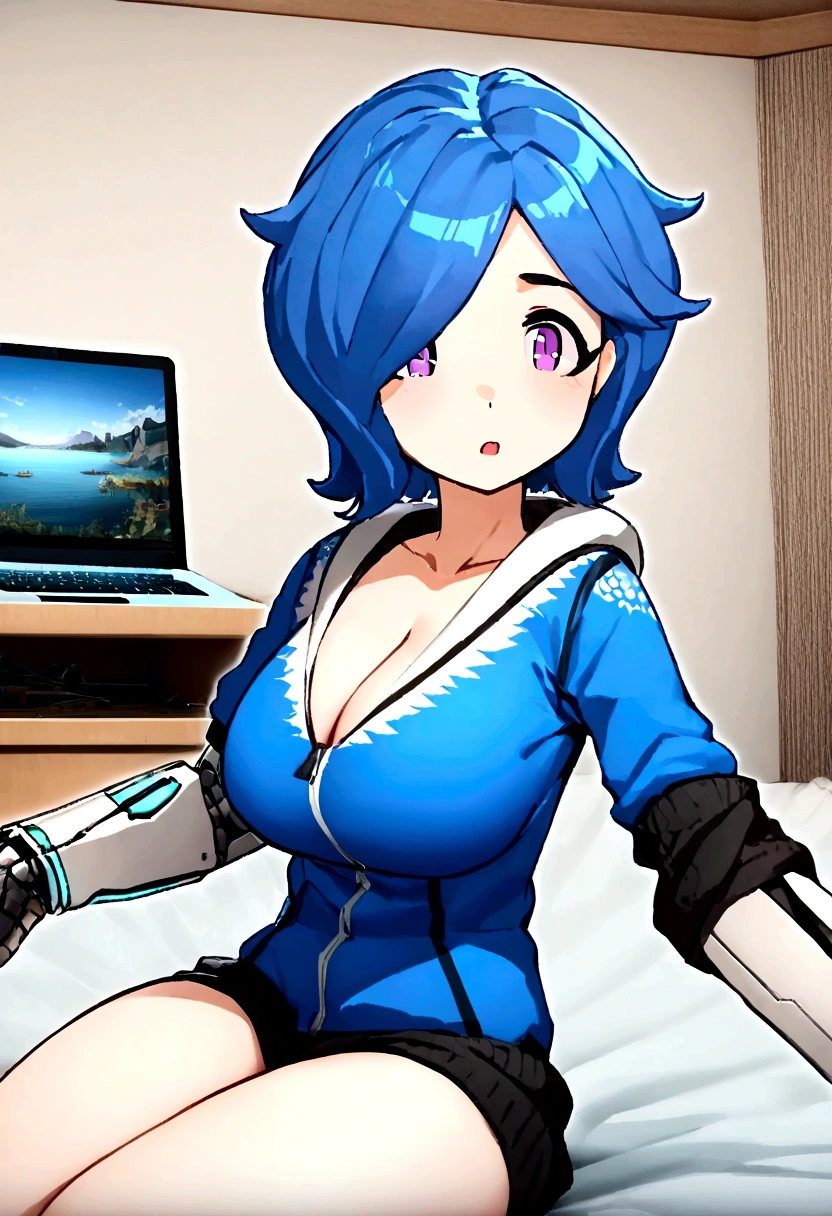 Best quality, masterpiece, big breasts, cybernetic left arm, bedroom, gaming laptop in background, sitting on a bed,