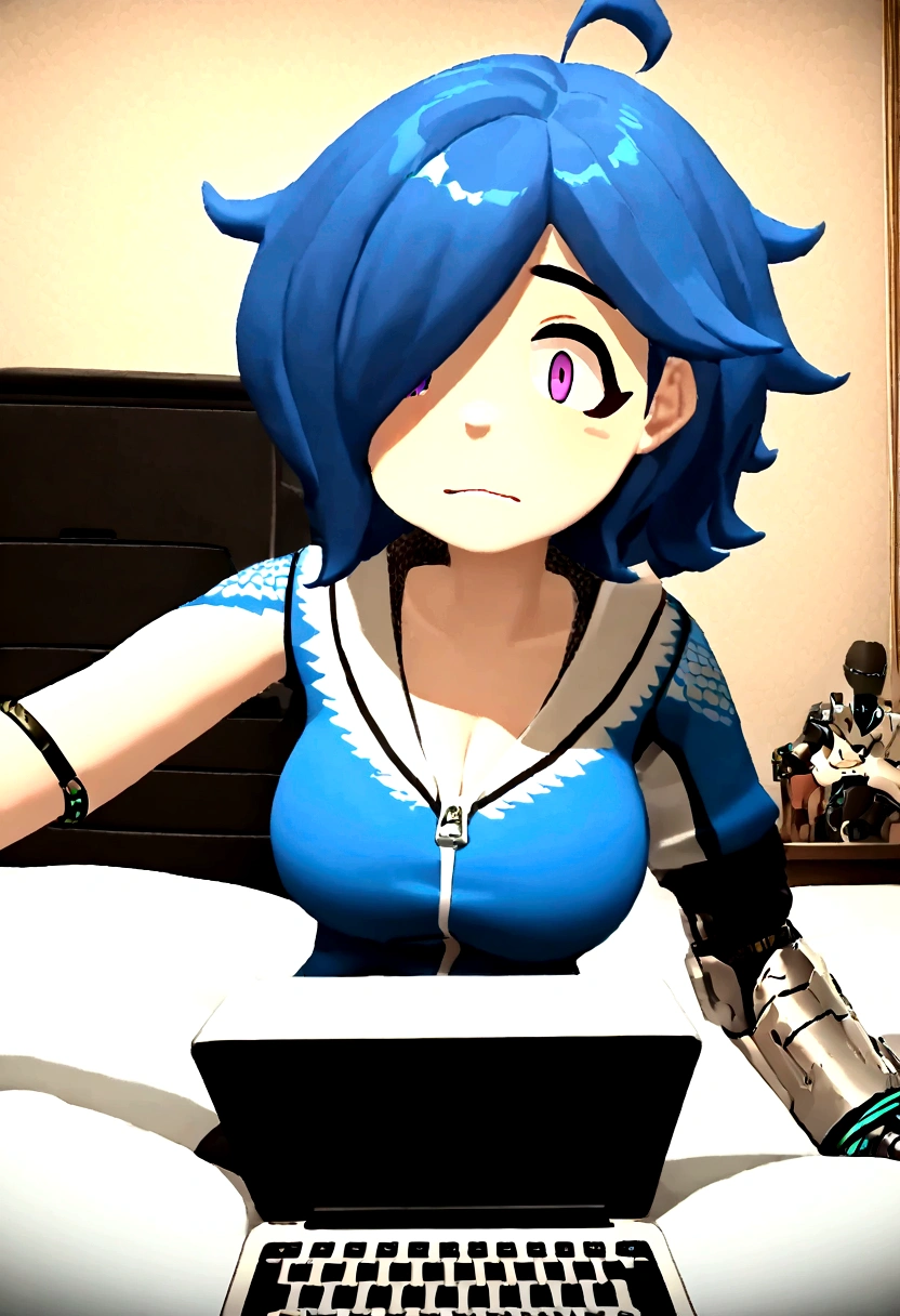 Best quality, masterpiece, big breasts, cybernetic left arm, bedroom, gaming laptop in background, sitting on a bed,