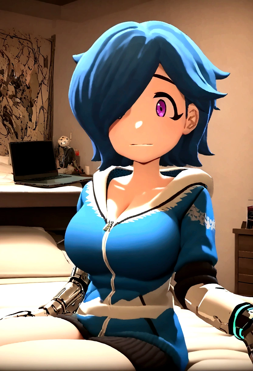 Best quality, masterpiece, huge bulging breasts, cybernetic left arm, bedroom, gaming laptop in background, sitting on a bed, sexy,