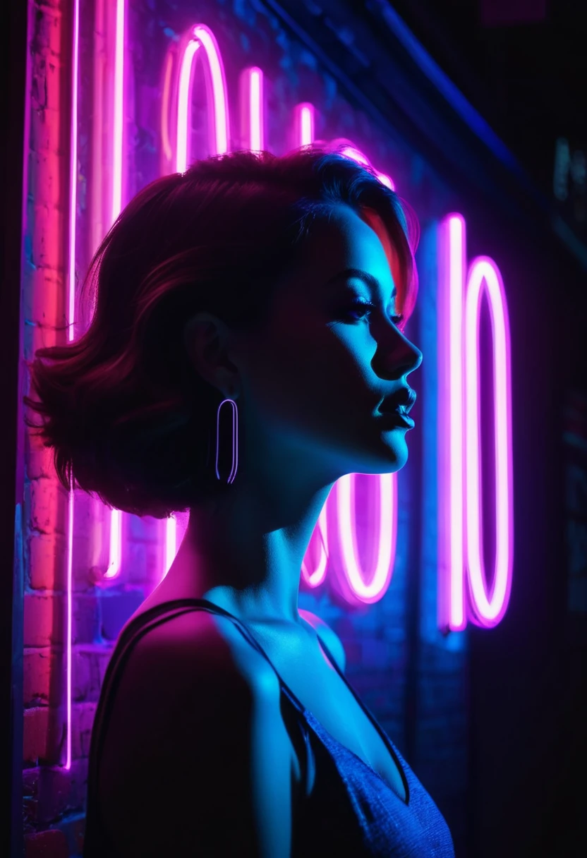 Side face silhouette，Shadow of beautiful woman under neon sign,Huge neon signboard，(Neon sign with text:1.5)
