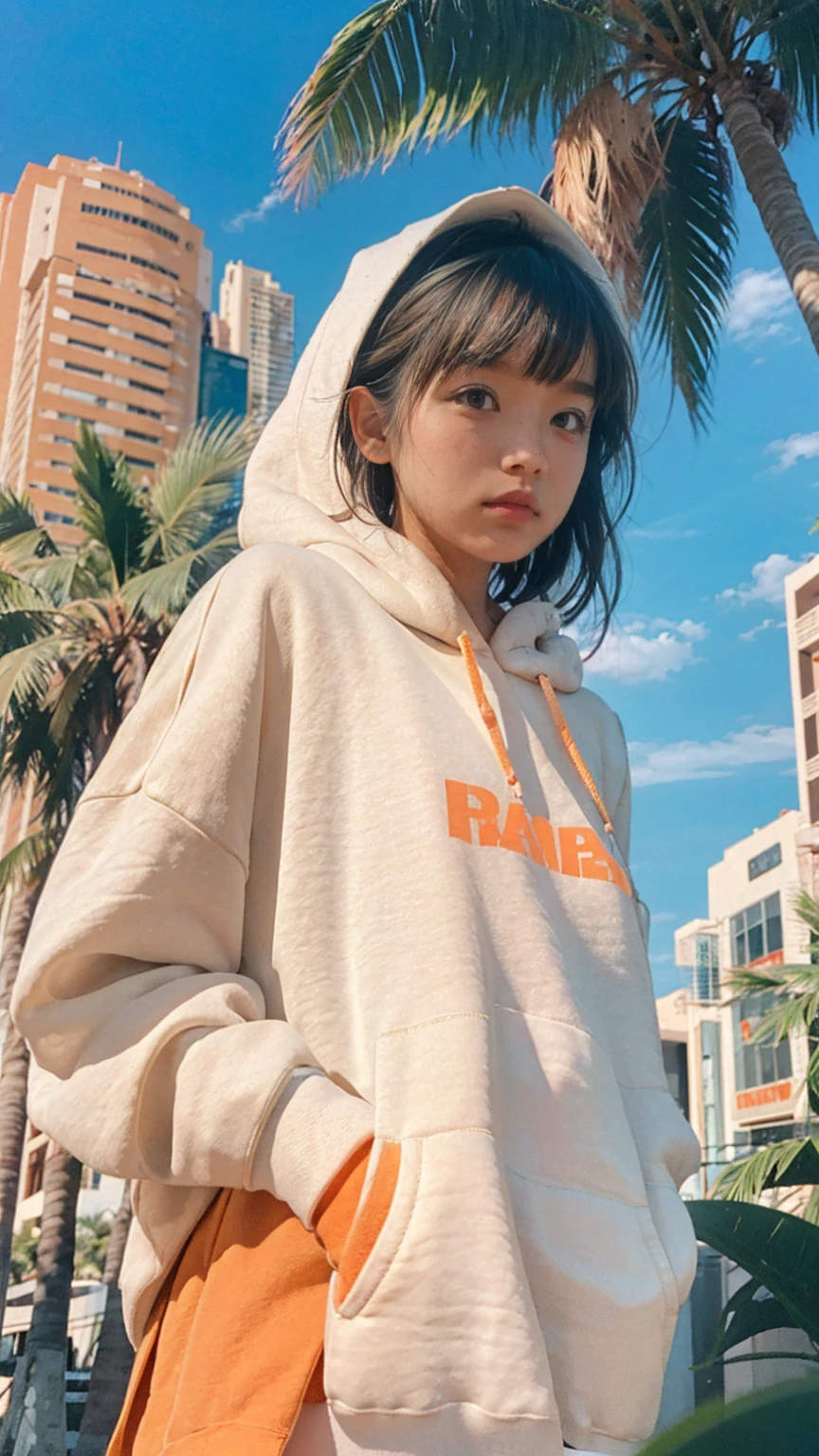((long shot photography)) ((best quality)), ((masterpiece)), (detailed),upper body,close-up, 8k, RAW photo,1 girl,(perfect busty body) ,(((blank orange oversized_hoodie))), real polaroid photo, beautiful, ultra-realistic,detail face ,light leak,dark intens shadow ,(black pixie hairstyles), almond eye, no makeup,(purple color tenis skirt),the scene takes in front on Lincoln Road Miami, (very detailed:1.1), (realistic:1.1), (surreal:1.2),palm trees,sunny,summer, blue sky