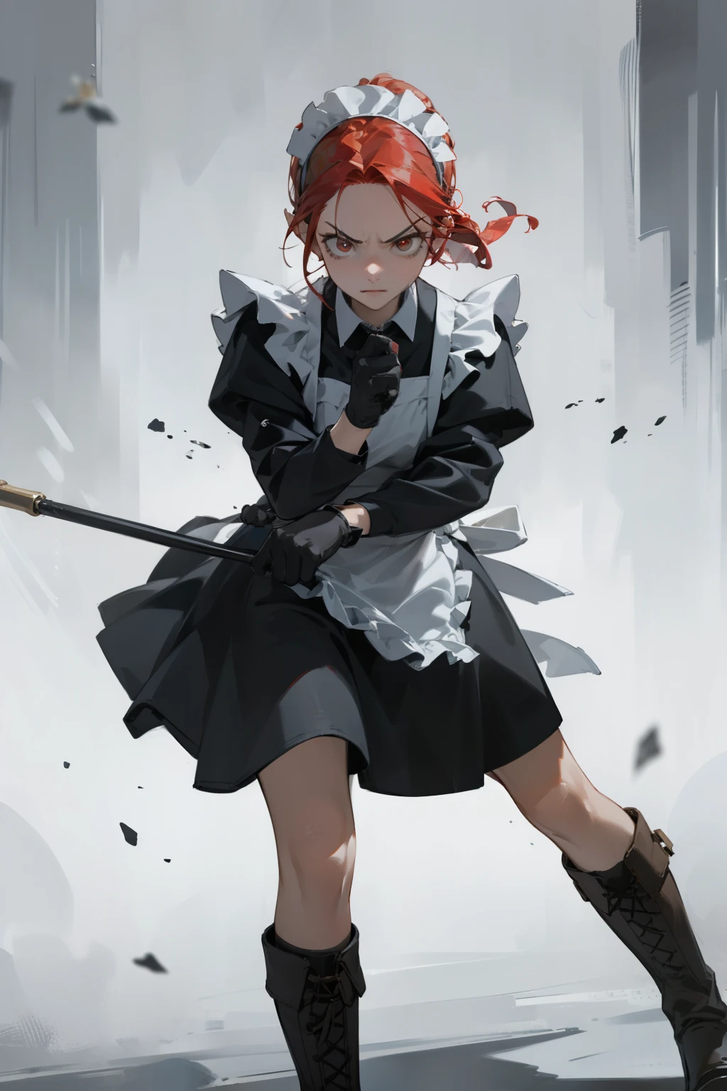 (masterpiece), ((best quality)), (super detailed), (beautiful eyes beautiful details eyes, Clean and delicate face), solo, (Red bob hair, red eyes), (maid costume, white maid headband), thigh, black gloves, army boots, (fighting and glaring at the viewer), wide shot