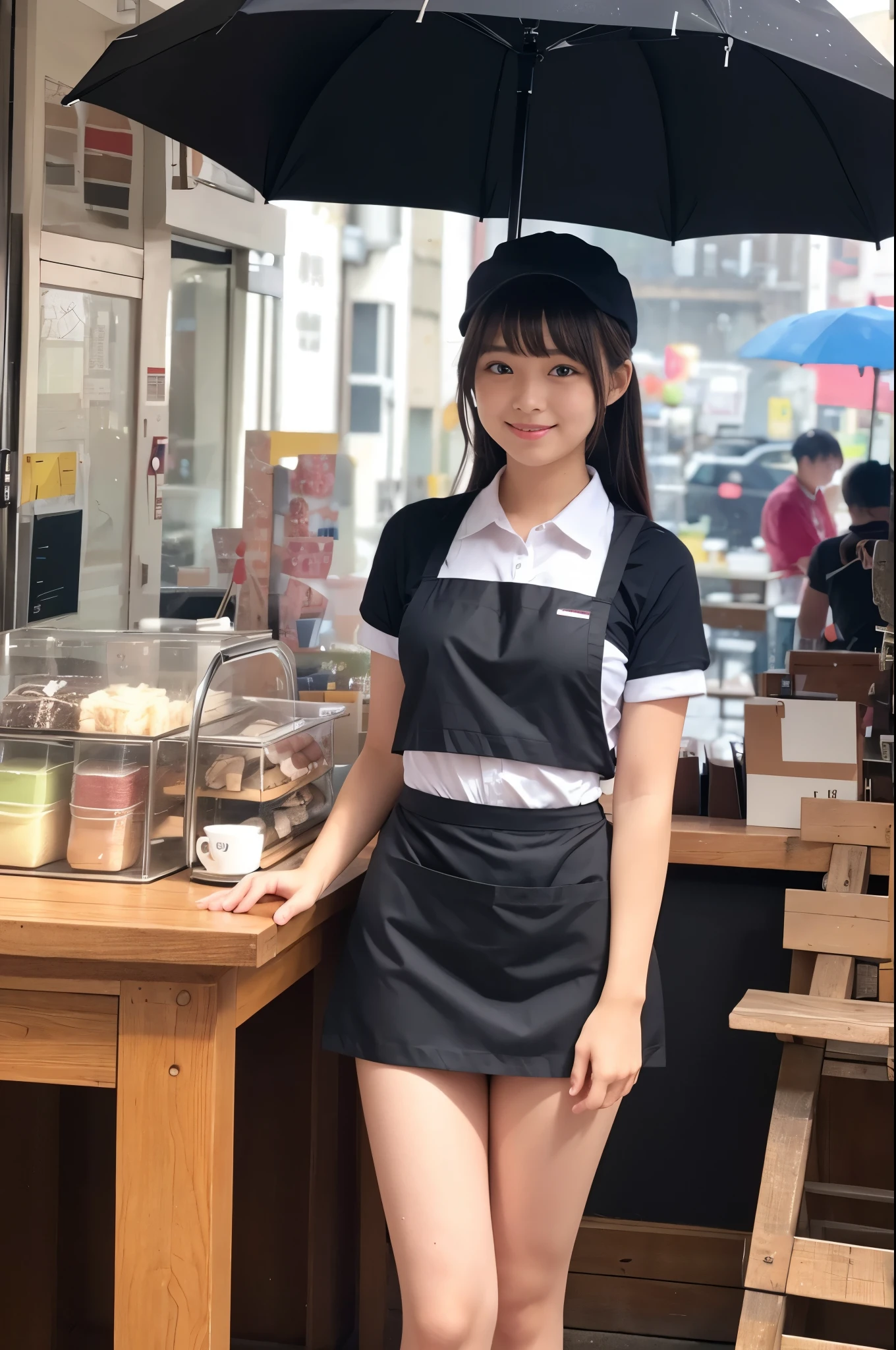 A 20-year-old girl working at an umbrella store(Wearing a miniskirt and apron)