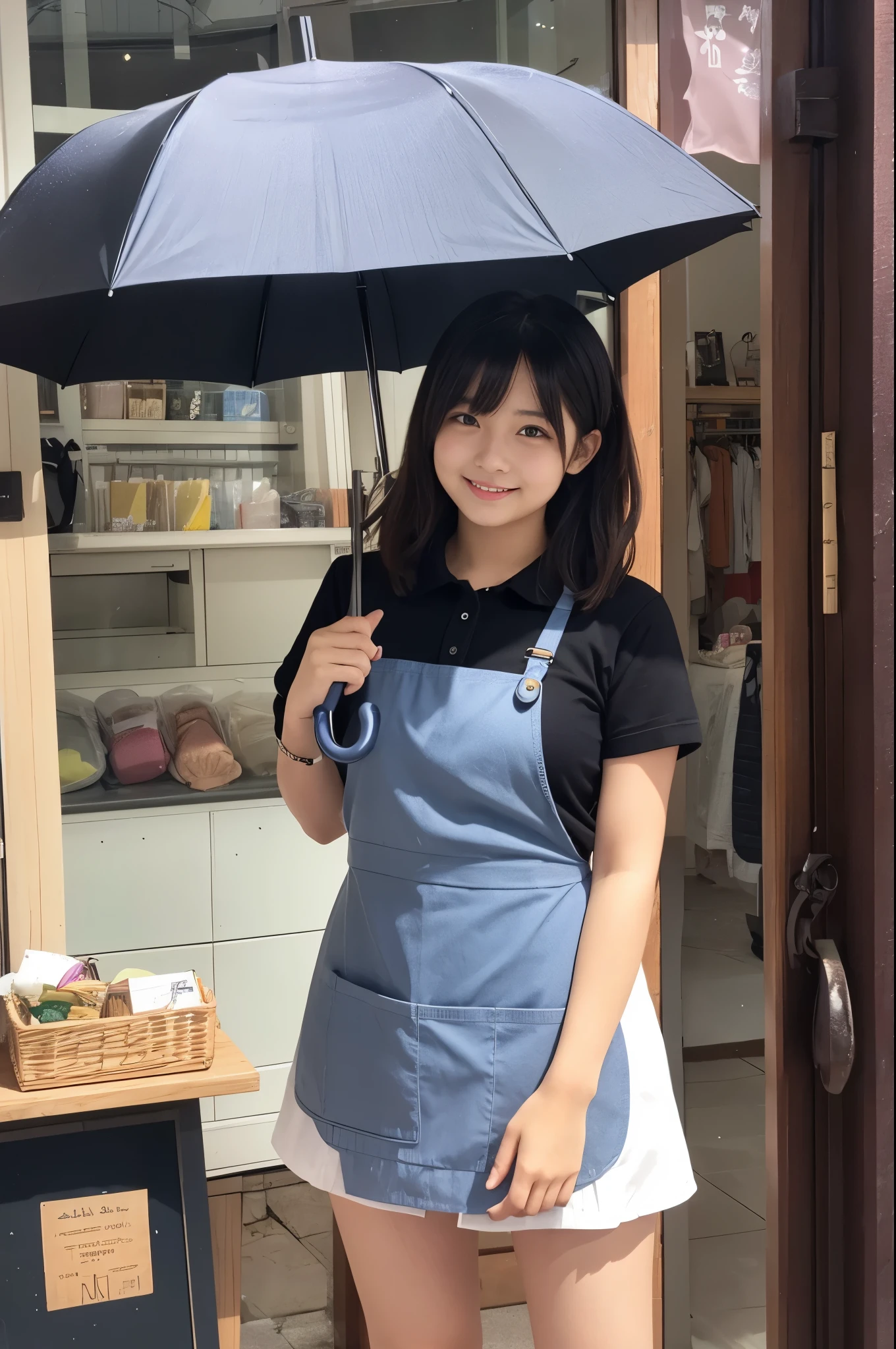 A 20-year-old girl working at an umbrella store（Wearing a miniskirt and apron）