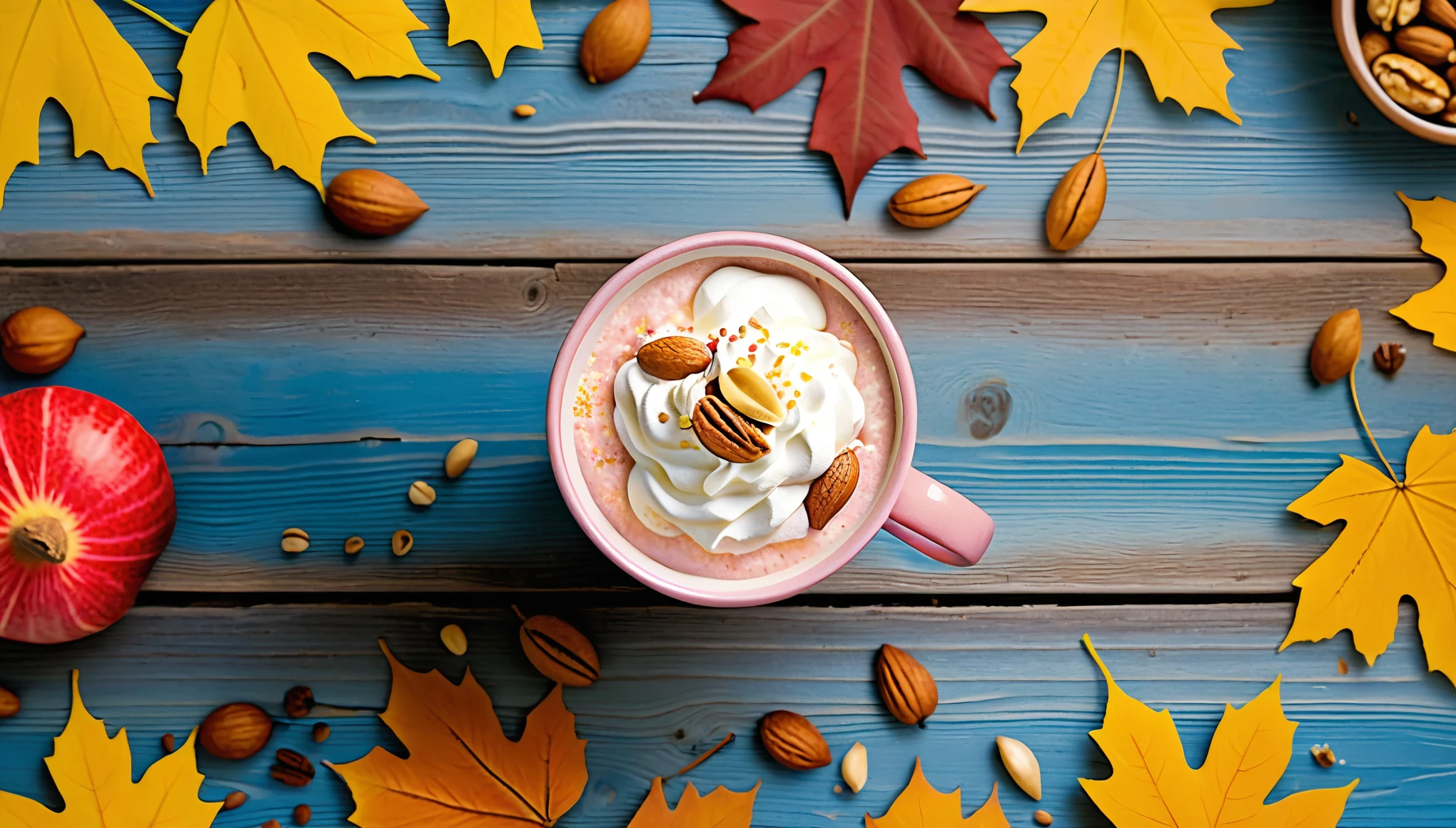 Create an image of a cozy autumn setting featuring a pink textured mug filled with a creamy beverage, topped with whipped cream and a sprinkle of cinnamon. The mug is surrounded by an array of autumn leaves in various shades of orange, yellow, and brown, as well as nuts like walnuts and almonds scattered on a rustic blue wooden surface. The warm tones and the inviting composition evoke the essence of fall.