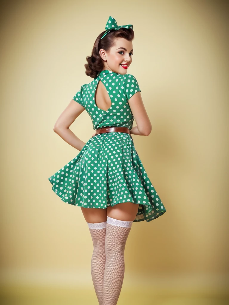 35mm photography front centered composition girl stands with her back tilted forward smiling playfully posing sexy pin up hands on the belt dressed in a green polka dot dress in pinup style white background beautiful eyes, perfect skin, detailed skin, big, beautiful fingers and nails , (4K, ultra detailed) stockings on legs professional studio photography 