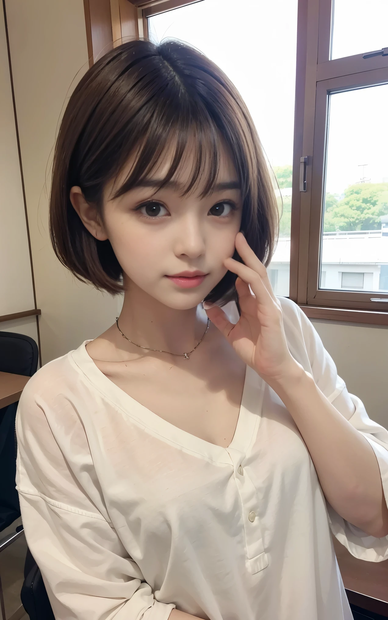 Cute 21 year old Japanese、University、Large classroom、Barely、Super detailed face、Eye for detail、double eyelid、Beautiful thin nose、Sharp Focus:1.2、Beauty:1.4、(Light Brown Hair、Short Hair、White skin、Highest quality、Illumination、masterpiece、Ultra-high resolution、(Photorealistic:1.4)、Cute spring clothes、