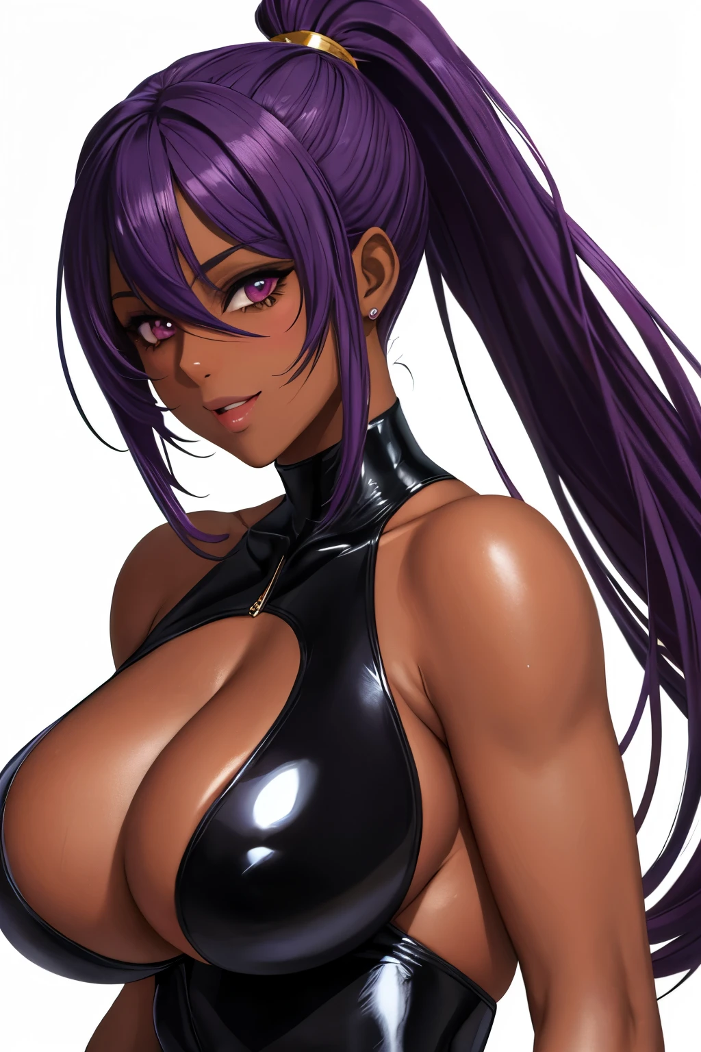 Long Hair,Purple Hair,ponytail,(Hair on one eye:0.8),(Dark Skinned female:1.2), (Dark Skin:1.1),Bodysuits,Big Breasts,Shiny skin,White background
 