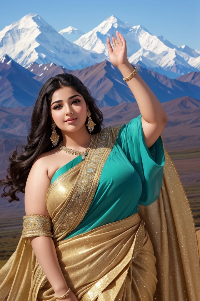 1 Heavenly beautiful and goddess beauty cute and sweet looking face Arabian woman in front of Denali mountain, Heavenly beautiful Overweight, Heavenly beautiful Extremely fat, Heavenly beautiful and attractive Chubby figure , Heavenly beautiful looking and eye catching luxury style saree , reaching out, Heavenly beautiful Arabian woman, 16k, High resolution, masterpiece, highest quality, fine skin, close up figure view, Realistic Photograph