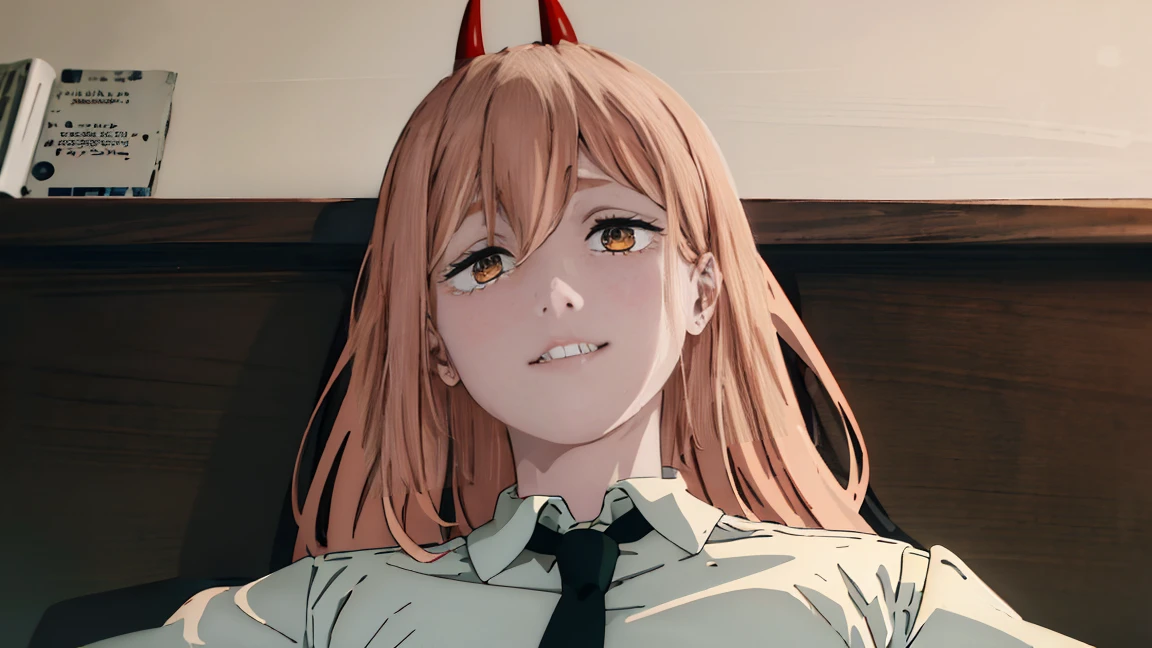 (Best quality), (masterpiece), (only), 1 girl, Maybe_XM, peach hair, yellow eyes, cross-shaped pupils, pupils in the form of symbols, red horns, white button up shirt, black tie, sharp teeth, smile, long hair, whole body