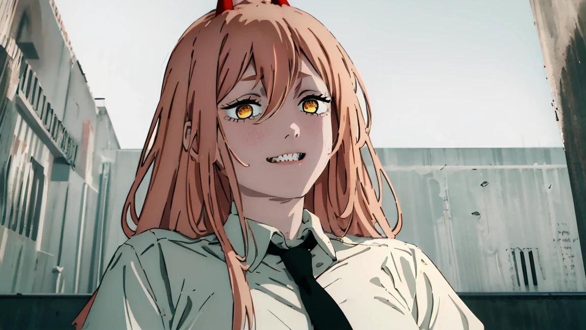 (Best quality), (masterpiece), (only), 1 girl, Maybe_XM, peach hair, yellow eyes, cross-shaped pupils, pupils in the form of symbols, red horns, white button up shirt, black tie, sharp teeth, smile, long hair, whole body
