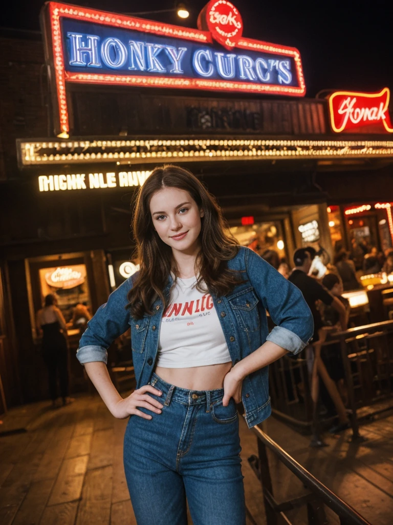 her name is Elle, high quality, 1girl, ((20-year-old fit Caucasian woman)), ((20 years old)), ((fit)), ((pale skin)), short length straight dark hair , wearing Deconstructed Denim Jacket + High-Waisted Utility Cargo Pants, pose: standing, background: Describe the vibrant scene of Nashville's Broadway, where neon signs light up the street, live country music spills out of honky-tonk bars, and crowds enjoy the lively atmosphere.