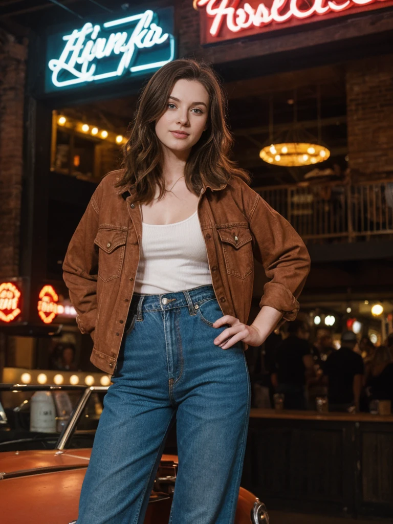 her name is Elle, high quality, 1girl, ((20-year-old fit Caucasian woman)), ((20 years old)), ((fit)), ((pale skin)), short length straight dark hair , wearing Deconstructed Denim Jacket + High-Waisted Utility Cargo Pants, pose: standing, background: Describe the vibrant scene of Nashville's Broadway, where neon signs light up the street, live country music spills out of honky-tonk bars, and crowds enjoy the lively atmosphere.