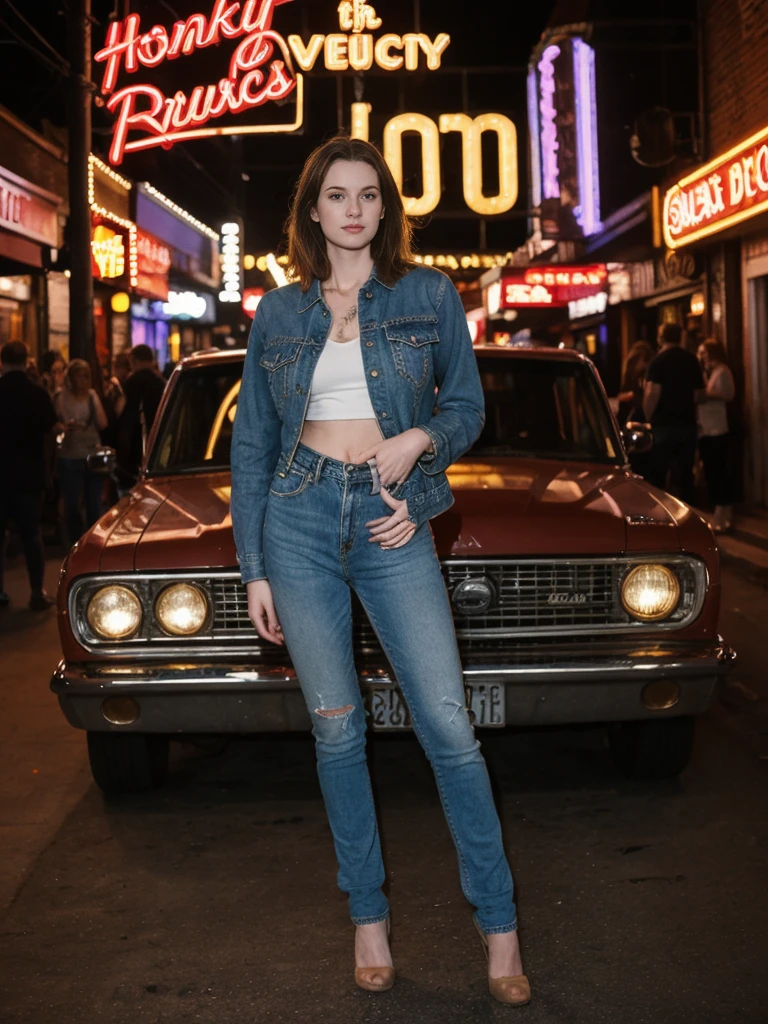her name is Elle, high quality, 1girl, ((20-year-old fit Caucasian woman)), ((20 years old)), ((fit)), ((pale skin)), short length straight dark hair , wearing Deconstructed Denim Jacket + High-Waisted Utility Cargo Pants, pose: standing, background: Describe the vibrant scene of Nashville's Broadway, where neon signs light up the street, live country music spills out of honky-tonk bars, and crowds enjoy the lively atmosphere.
