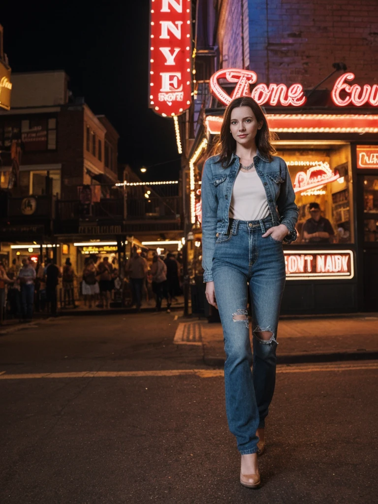 her name is Elle, high quality, 1girl, ((20-year-old fit Caucasian woman)), ((20 years old)), ((fit)), ((pale skin)), short length straight dark hair , wearing Deconstructed Denim Jacket + High-Waisted Utility Cargo Pants, pose: standing, background: Describe the vibrant scene of Nashville's Broadway, where neon signs light up the street, live country music spills out of honky-tonk bars, and crowds enjoy the lively atmosphere.
