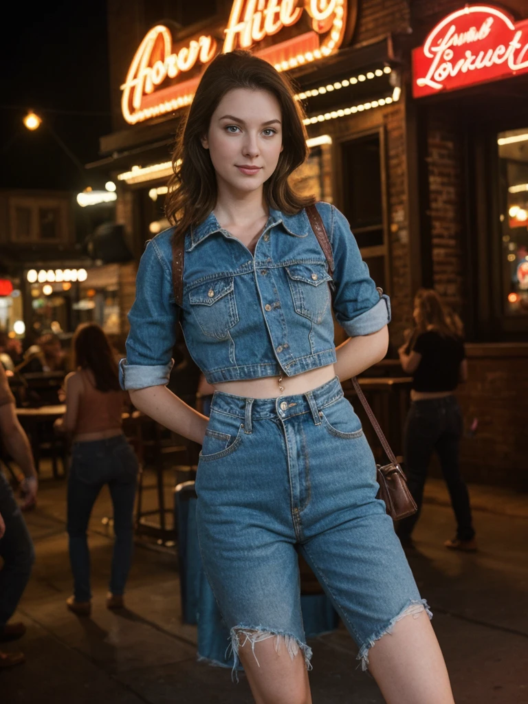 her name is Elle, high quality, 1girl, ((20-year-old fit Caucasian woman)), ((20 years old)), ((fit)), ((pale skin)), short length straight dark hair , wearing Deconstructed Denim Jacket + High-Waisted Utility Cargo Pants, pose: standing, background: Describe the vibrant scene of Nashville's Broadway, where neon signs light up the street, live country music spills out of honky-tonk bars, and crowds enjoy the lively atmosphere.