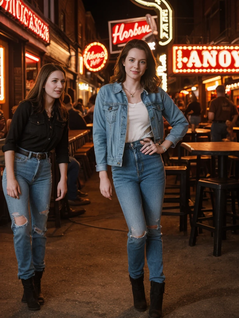 her name is Elle, high quality, 1girl, ((20-year-old fit Caucasian woman)), ((20 years old)), ((fit)), ((pale skin)), short length straight dark hair , wearing Deconstructed Denim Jacket + High-Waisted Utility Cargo Pants, pose: standing, background: Describe the vibrant scene of Nashville's Broadway, where neon signs light up the street, live country music spills out of honky-tonk bars, and crowds enjoy the lively atmosphere.