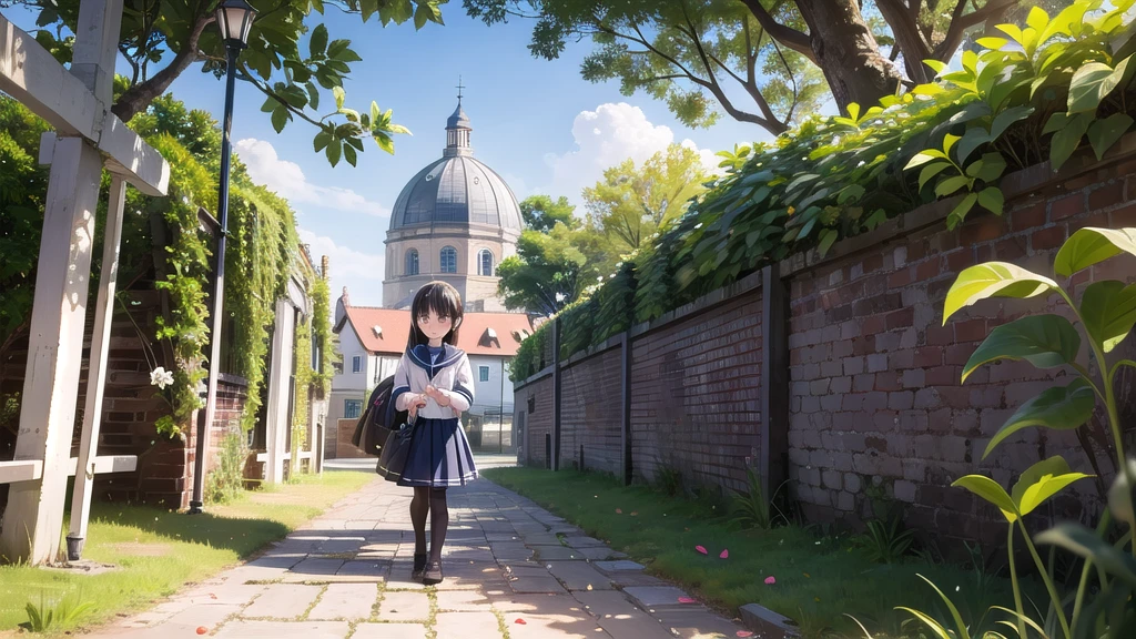 (masterpiece), town, blue sky, One Girl, Place the person on the right, smile, alone, Sailor suit、Long skirt, Overgrown, petal, plant、Skirt lining、Translucent slip、nostalgic、Black Pantyhose