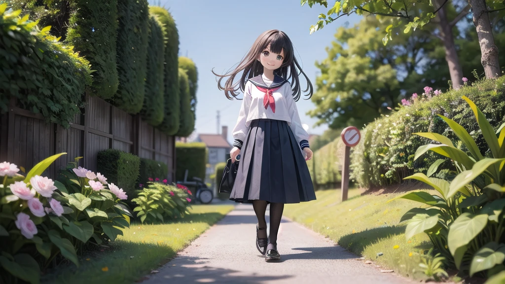 (masterpiece),  town,  blue sky,  One Girl, Place the person on the right,  smile,  alone,  Sailor suit、Long skirt,  Overgrown,  petal,  plant、Skirt lining、Translucent slip、nostalgic、Black Pantyhose