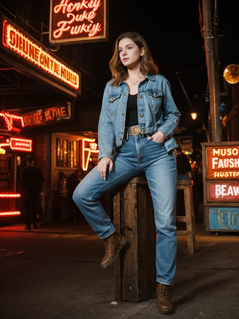 her name is Elle, high quality, 1girl, ((20-year-old fit Caucasian woman)), ((20 years old)), ((fit)), ((pale skin)), short length straight dark hair , wearing Deconstructed Denim Jacket + High-Waisted Utility Cargo Pants, pose: standing, background: Describe the vibrant scene of Nashville's Broadway, where neon signs light up the street, live country music spills out of honky-tonk bars, and crowds enjoy the lively atmosphere.