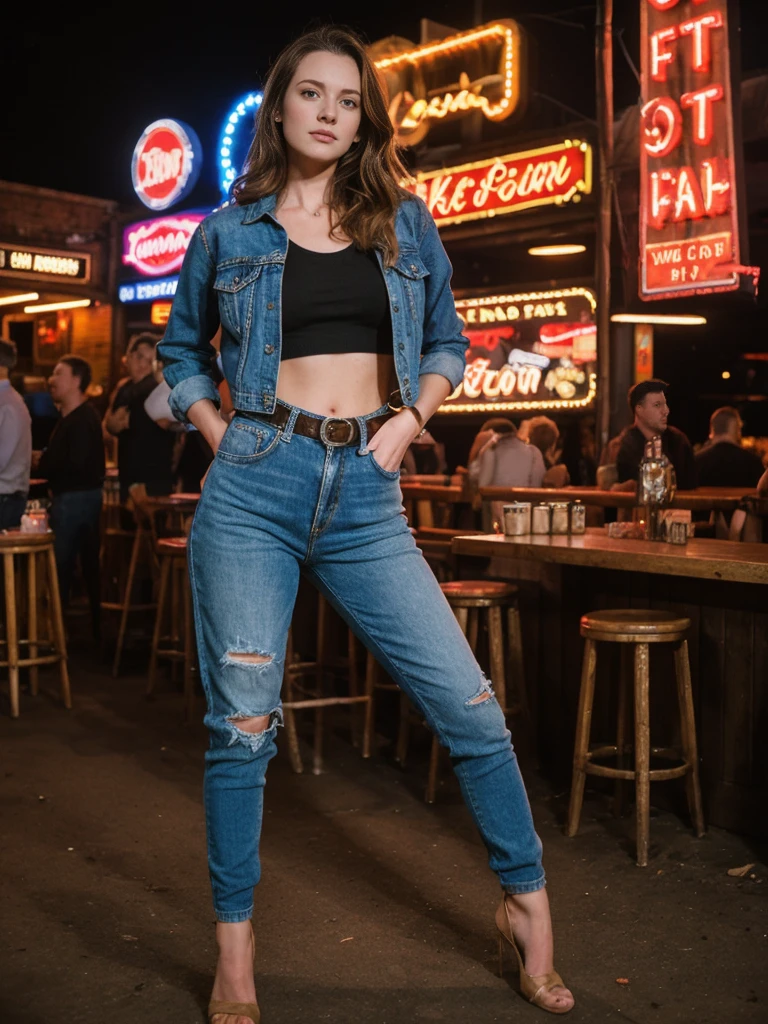 her name is Elle, high quality, 1girl, ((20-year-old fit Caucasian woman)), ((20 years old)), ((fit)), ((pale skin)), short length straight dark hair , wearing Deconstructed Denim Jacket + High-Waisted Utility Cargo Pants, pose: standing, background: Describe the vibrant scene of Nashville's Broadway, where neon signs light up the street, live country music spills out of honky-tonk bars, and crowds enjoy the lively atmosphere.