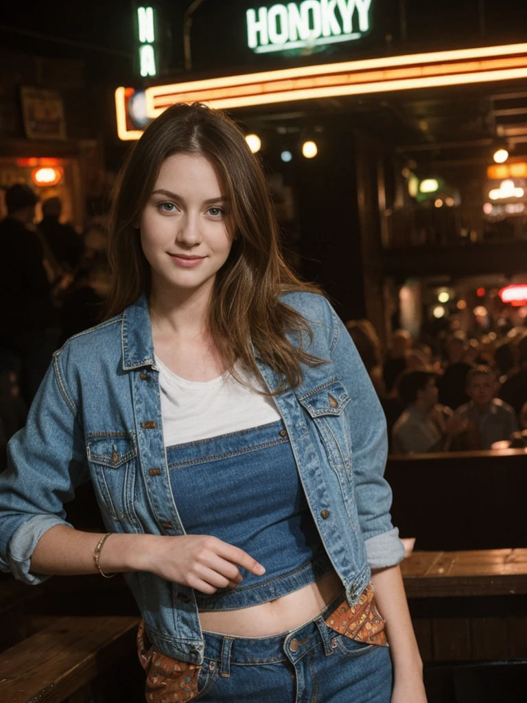her name is Elle, high quality, 1girl, ((20-year-old fit Caucasian woman)), ((20 years old)), ((fit)), ((pale skin)), short length straight dark hair , wearing Deconstructed Denim Jacket + High-Waisted Utility Cargo Pants, pose: standing, background: Describe the vibrant scene of Nashville's Broadway, where neon signs light up the street, live country music spills out of honky-tonk bars, and crowds enjoy the lively atmosphere.