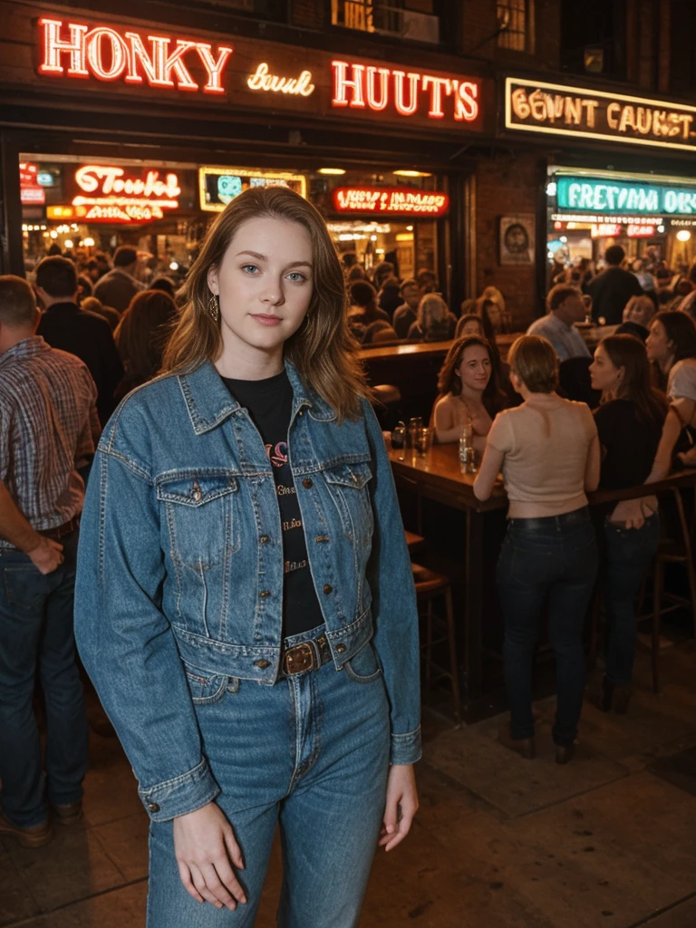 her name is Elle, high quality, 1girl, ((20-year-old fit Caucasian woman)), ((20 years old)), ((fit)), ((pale skin)), short length straight dark hair , wearing Deconstructed Denim Jacket + High-Waisted Utility Cargo Pants, pose: standing, background: Describe the vibrant scene of Nashville's Broadway, where neon signs light up the street, live country music spills out of honky-tonk bars, and crowds enjoy the lively atmosphere.