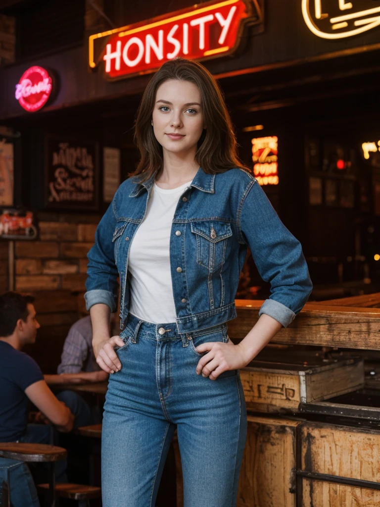 her name is Elle, high quality, 1girl, ((20-year-old fit Caucasian woman)), ((20 years old)), ((fit)), ((pale skin)), short length straight dark hair , wearing Deconstructed Denim Jacket + High-Waisted Utility Cargo Pants, pose: standing, background: Describe the vibrant scene of Nashville's Broadway, where neon signs light up the street, live country music spills out of honky-tonk bars, and crowds enjoy the lively atmosphere.