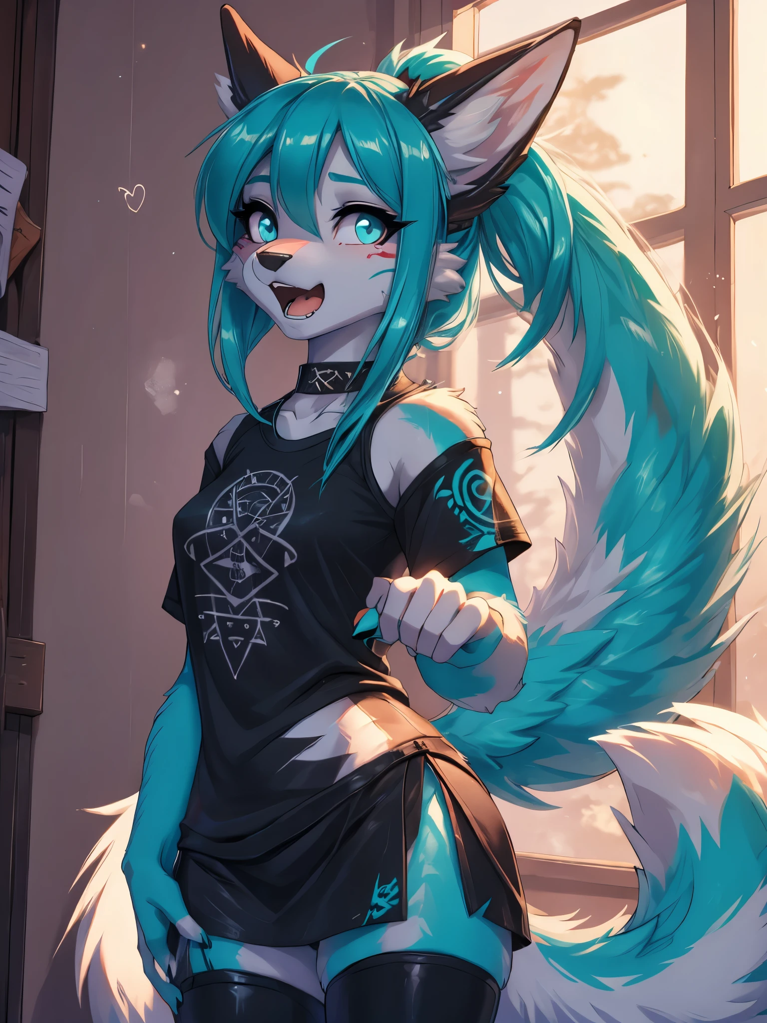 Miku Hatsune, high definition add_detail:1, blue fur,kitsune ears, tribal tattoo add_detail:1 cute high school clothes, pretty girl add_detail:3 18 year old girl, short black lycra, black metal t shirt, flirty look add_detail:3, hands rock sign, shouting add_detail:1, singing girl, screaming girl