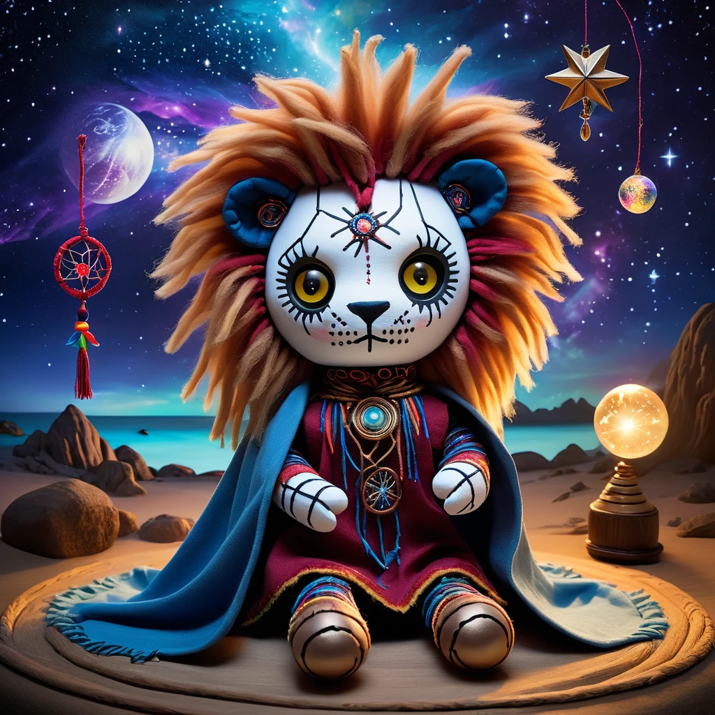 (knitted toy voodoo doll:1.9), (Voodoo lion:1.8), (Clothing: dream-like robes with celestial patterns, ethereal cloak:1.0), (Accessories: dreamcatcher staff, glowing dream orb, star amulet:1.2), (background: surreal dreamscape with floating islands, glowing dream threads, and starry skies:1.2), best quality, masterpiece, detailed soft oil painting, detailed background, dramatic cinematic lighting, soft edge lighting, professional, dramatic lighting, hard edge lighting, ultra quality, 4k, masterpiece, best quality, 8k, ultra high definition, high resolution, extremely detailed