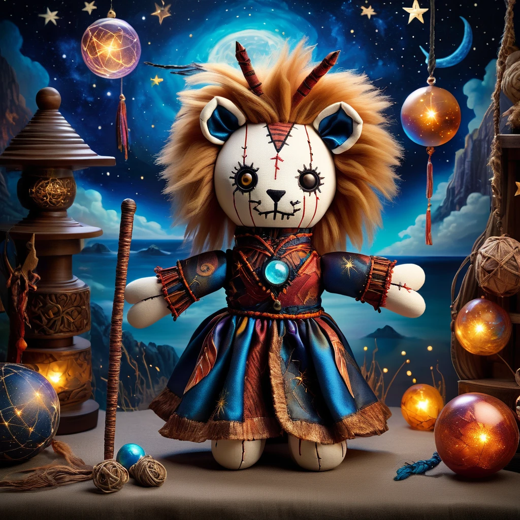 (knitted toy voodoo doll:1.9), (Voodoo lion:1.8), (Clothing: dream-like robes with celestial patterns, ethereal cloak:1.0), (Accessories: dreamcatcher staff, glowing dream orb, star amulet:1.2), (background: surreal dreamscape with floating islands, glowing dream threads, and starry skies:1.2), best quality, masterpiece, detailed soft oil painting, detailed background, dramatic cinematic lighting, soft edge lighting, professional, dramatic lighting, hard edge lighting, ultra quality, 4k, masterpiece, best quality, 8k, ultra high definition, high resolution, extremely detailed