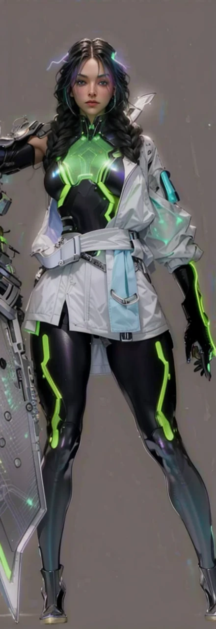 (master part, high resolution, photo-realistic:1.4), (long hair braid, Braided snakes, master part, best quality, alta qualidade, intrincado, Premiado) em um (neon-lit:1.4) CIDADE CYBERPUNK, em um (encharcado pela chuva:1.2) Rua, Medusa is a futuristic fashion icon, Mixture of bioengineered tissues and iridescent holographic scales, (neon roxo, Azul Neon:1.2), cabelos muito longos, reptile eyes, roxo neon, néem umzul, Metropolis, (Cinematic lighting, futuristic background:1.2), cowboy shot