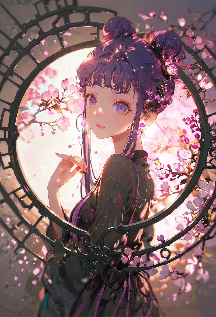 暗闇のcyber punkシティのローファイスタイルの女の子 、((cyber punk))、((Beautiful girl with perfect features)),((One e is a photo of a girl with purple hair..))、((Purple long hair bun girl))、One as ocean-pinkish purple eyes.、very_Long eyelashes, Detailed lips, A radiant smile, Tight Skirt、Hand in hand、Soft Skin, Shiny Hair,Vibrant Background, quality\(8K,非常に精細なCGユニットのwallpaper, masterpiece,High resolution,top-quality,top-quality real texture skin,Super 2D,Increase the resolution,RAW Photos,最高quality,Very detailed,wallpaper,Ray Tracing,Golden Ratio\),[Browsing Caution]