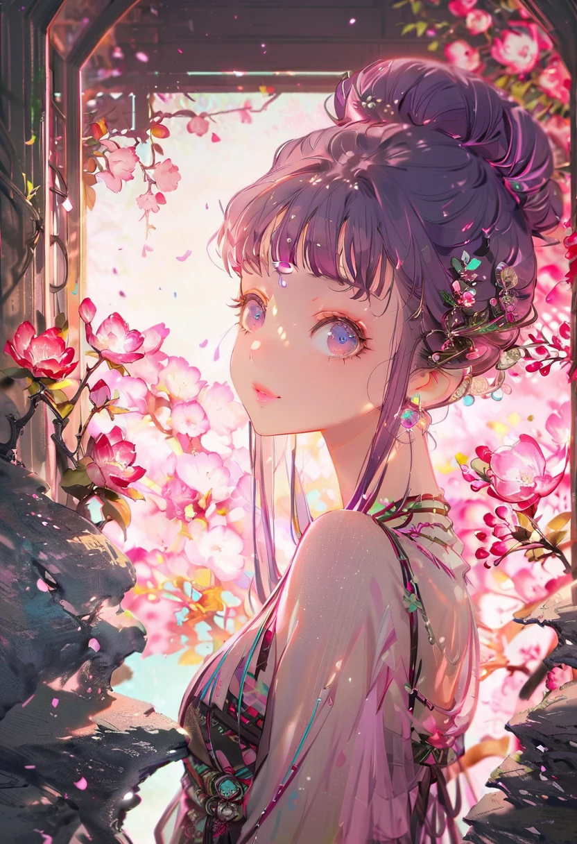 暗闇のcyber punkシティのローファイスタイルの女の子 、((cyber punk))、((Beautiful girl with perfect features)),((One girl))、((One is a photo of a girl with purple hair..))、((Purple long hair bun girl))、One of them has ocean-pinkish purple eyes.、very_Long eyelashes, Detailed lips, A radiant smile, Tight Skirt、Hand in hand、Soft Skin, Shiny Hair,Vibrant Background, quality\(8K,非常に精細なCGユニットのwallpaper, masterpiece,High resolution,top-quality,top-quality real texture skin,Super 2D,Increase the resolution,RAW Photos,最高quality,Very detailed,wallpaper,Ray Tracing,Golden Ratio\),[Browsing Caution]