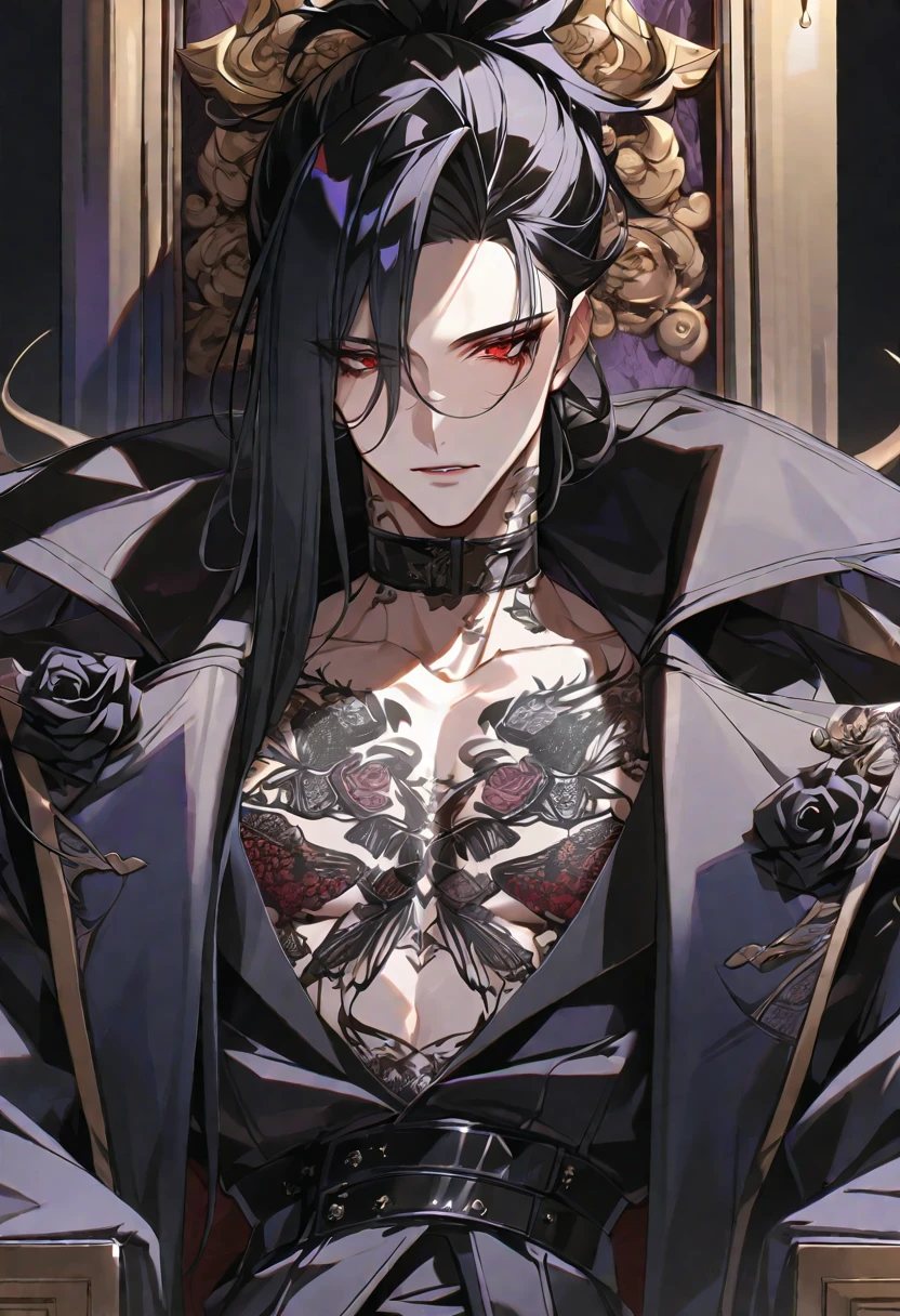 独奏, handsome, Glossy feel,
1. male,
bangs,Straight Hair, ponytail,
black hair,
Gojo Satoru,
red Eyes,Soft look,beautiful,beautiful,sexly,Darkness,butterfly Tattoo,black Rose Tattoo,devil, double tooth,
oversized black coat,clavicle,Stylish,
skin,Black Rose,Alluring,sexly,
throne,
black background,Close-up,
