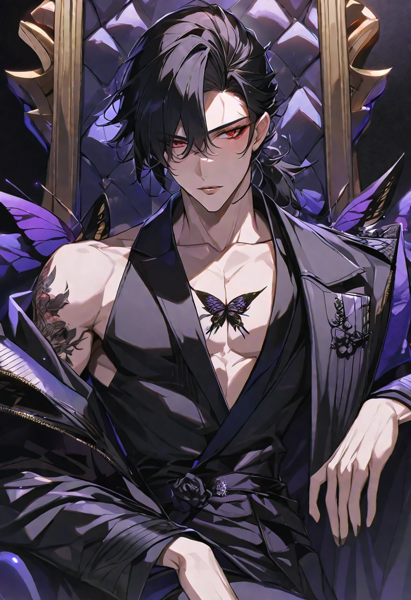 独奏, handsome, Glossy feel,
1. male,
bangs,Straight Hair, ponytail, 
black hair, 
Gojo Satoru,
red Eyes,Soft look,beautiful,beautiful,sexly,Darkness,butterfly Tattoo,black Rose Tattoo,devil, double tooth,
oversized black coat,clavicle,Stylish,
skin,Black Rose,Alluring,sexly,
throne,
black  background,Close-up,