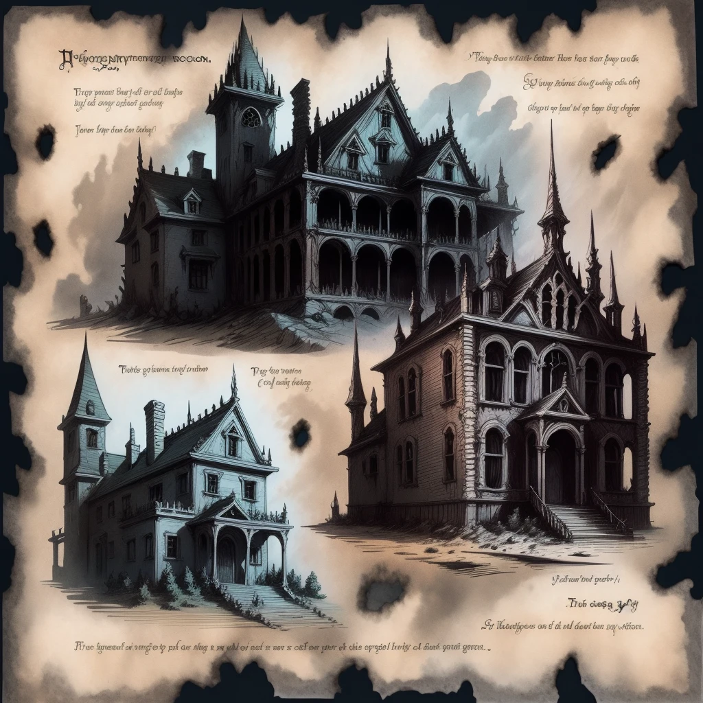 Necronomicon sketch of a scary house with demons inside