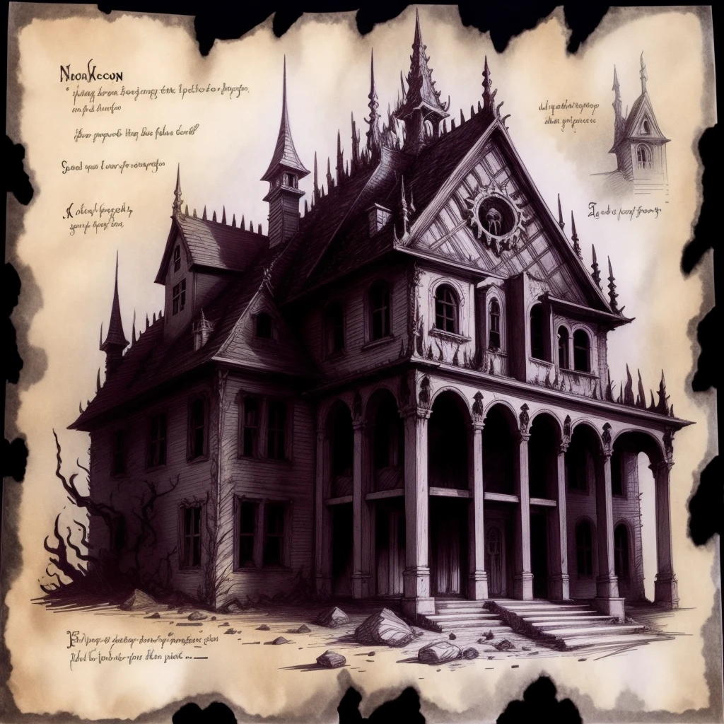 Necronomicon sketch of a scary house with demons inside