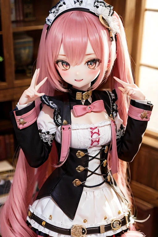 ((highest quality)), ((masterpiece)), (extremely detailed), kukolnydom, doll, mature woman, solo, cowboy shot, dynamic pose, seductive smile, pink hair, long hair, hairband, blunt bang, museum, 8k