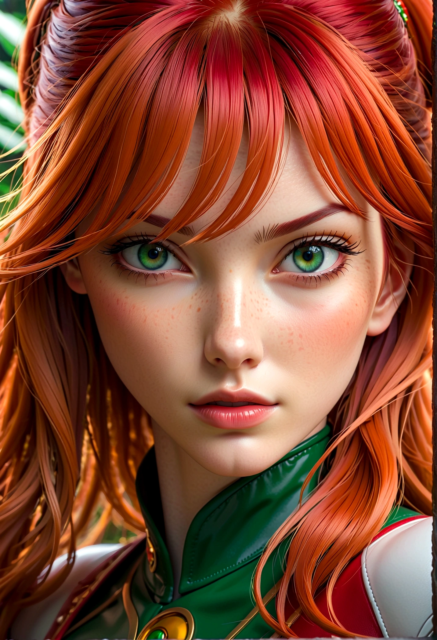A beautiful girl with striking red hair, green eyes, and pale skin, Asuka Langley Soryu, anatomically correct, solo, xianxia style, close-up shot, extremely detailed face and features, long eyelashes, beautiful lips, flawless skin, realistic, photorealistic, dramatic lighting, cinematic composition, fantasy, vibrant colors, intricate details, masterpiece, 8K
