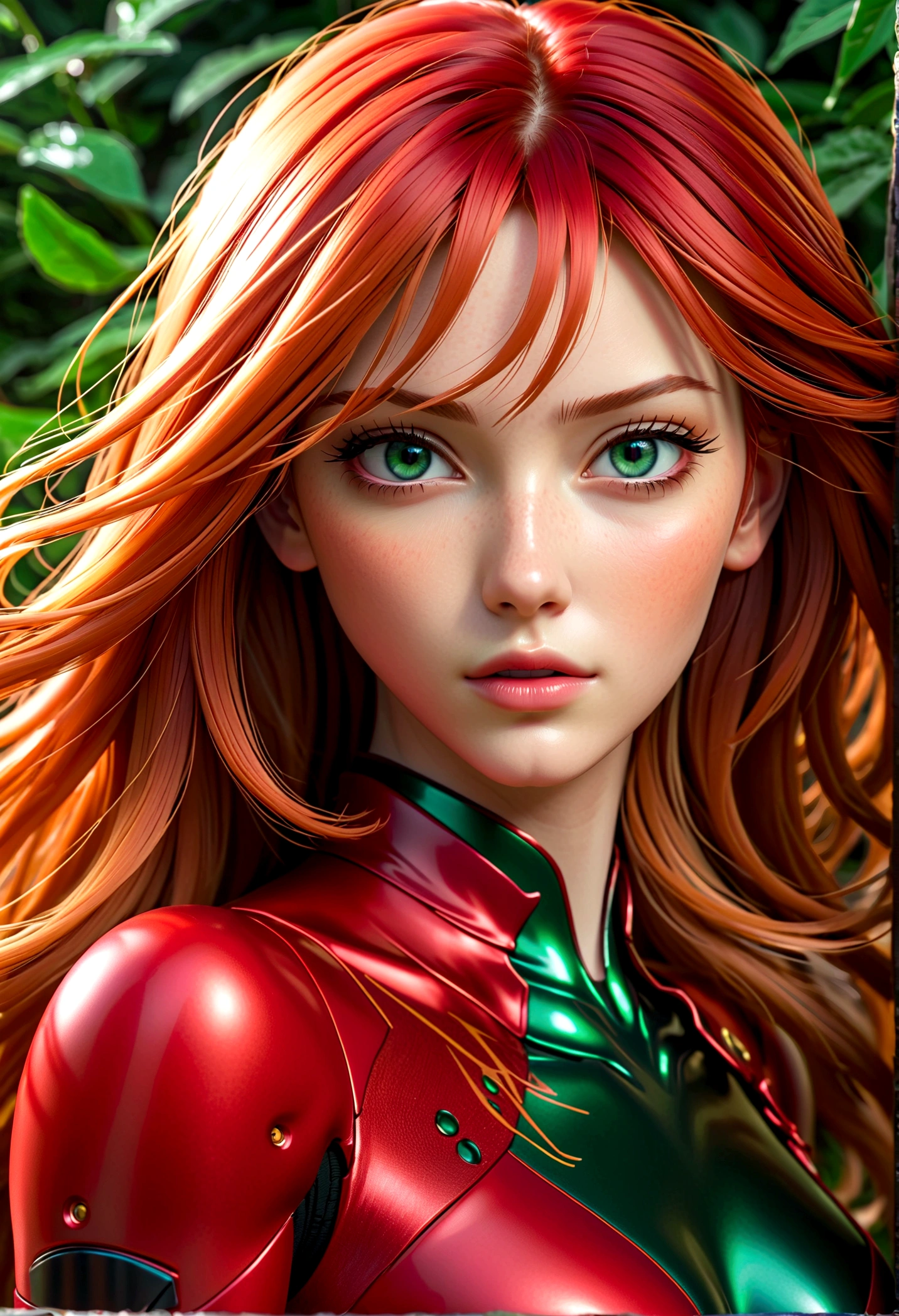 A beautiful girl with striking red hair, green eyes, and pale skin, Asuka Langley Soryu, anatomically correct, solo, xianxia style, close-up shot, extremely detailed face and features, long eyelashes, beautiful lips, flawless skin, realistic, photorealistic, dramatic lighting, cinematic composition, fantasy, vibrant colors, intricate details, masterpiece, 8K