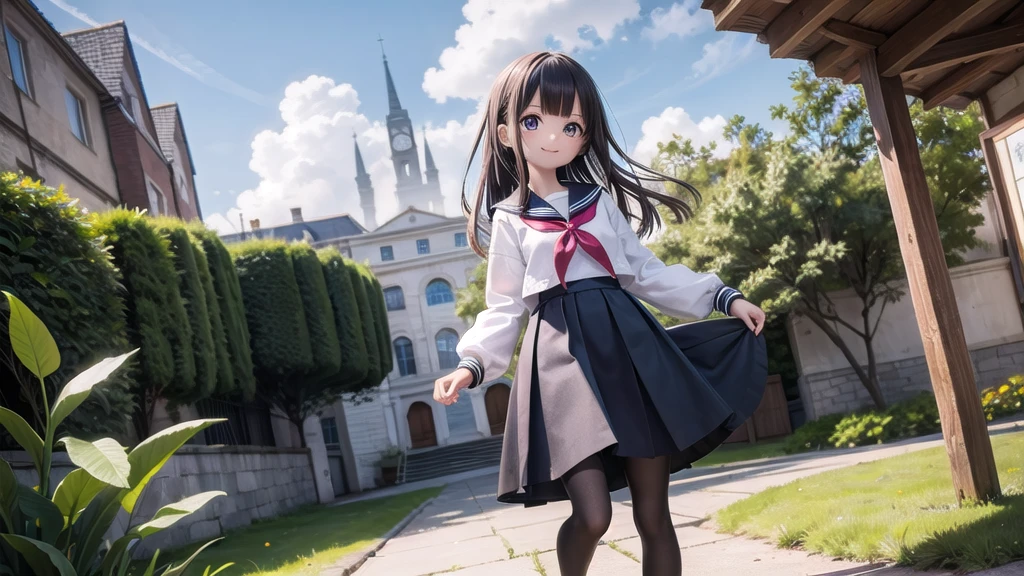 (masterpiece),  town,  blue sky,  One Girl, From head to toe,  smile,  alone,  Sailor suit、Long skirt,  Overgrown,  petal,  plant、Skirt lining、Translucent slip、nostalgic、Black Pantyhose