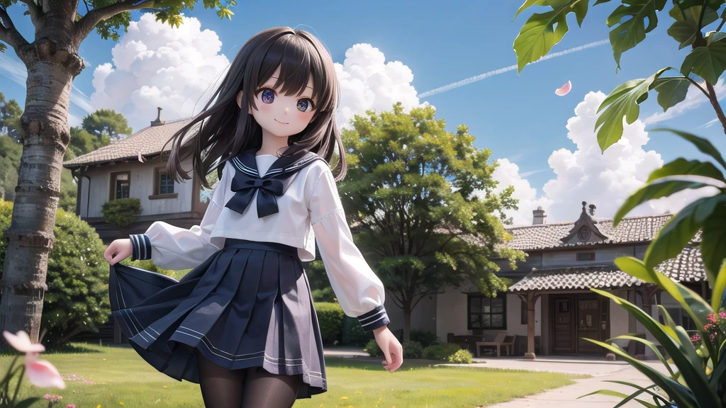 (masterpiece), town, blue sky, One Girl, From head to toe, smile, alone, Sailor suit、Long skirt, Overgrown, petal, plant、Skirt lining、Translucent slip、nostalgic、Black Pantyhose