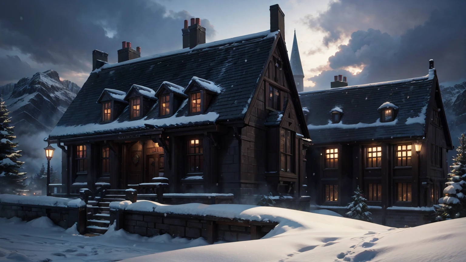 snow weather front view of harry potter school view,