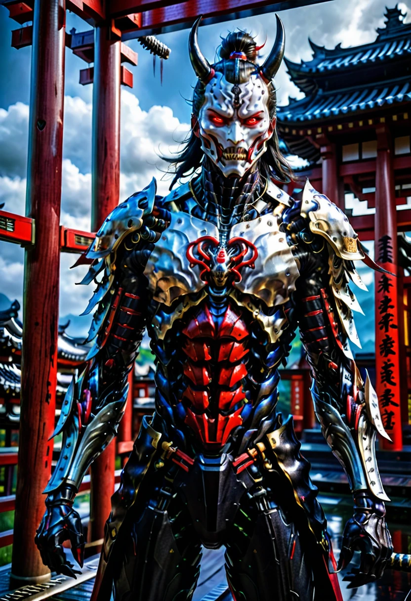 (demon samurai)、venom Armor,(Wearing a oni demon mask)solo man, glowing red eyes、Like the whole body、(cyborg Armed with a long sharp knife)、Stand facing the front,magnificent artwork、、Wind-effect:1.9、Cloud Effects:1.2、Full Rendering、Encaustic Painting,unrealengine,