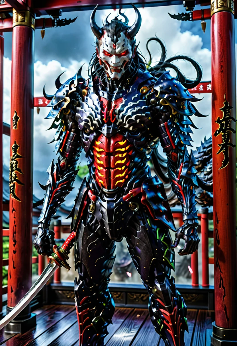 (demon samurai)、venom Armor,(Wearing a oni demon mask)solo man, glowing red eyes、Like the whole body、(cyborg Armed with a long sharp knife)、Stand facing the front,magnificent artwork、、Wind-effect:1.9、Cloud Effects:1.2、Full Rendering、Encaustic Painting,unrealengine,