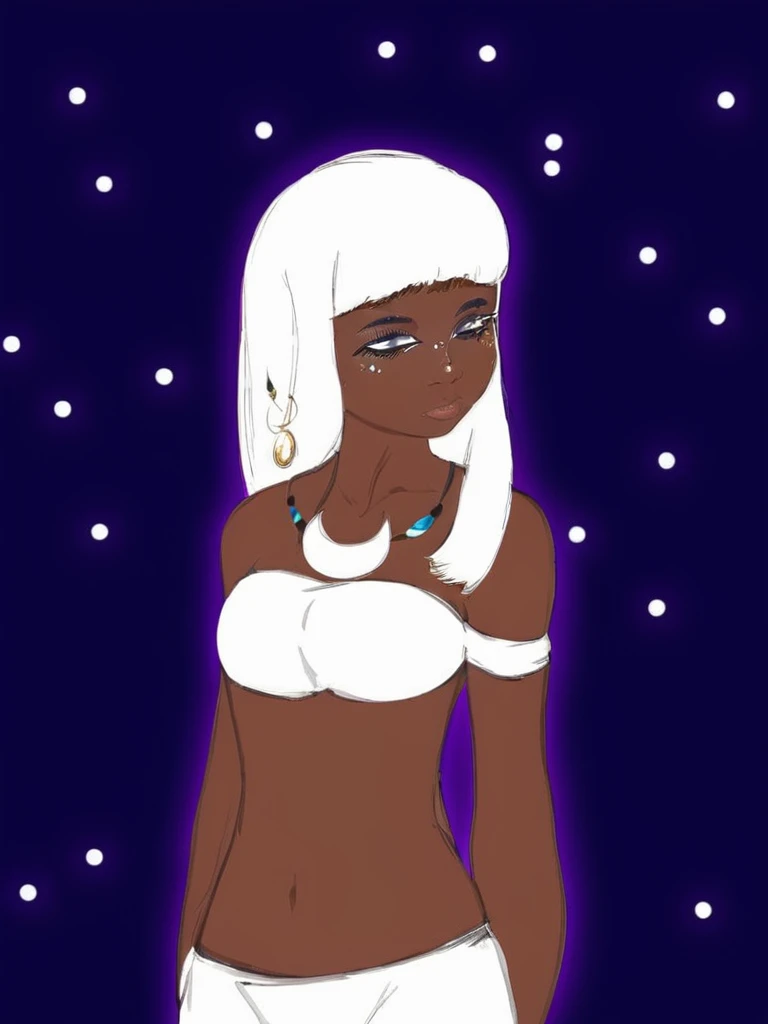 Goddess Jaci, Indigenous, Goddess of the moon, Brazilian legend, white hair, straight hair, straight bangs, black skin, white clothes, moon accessories, beautiful girl, big eyelashes