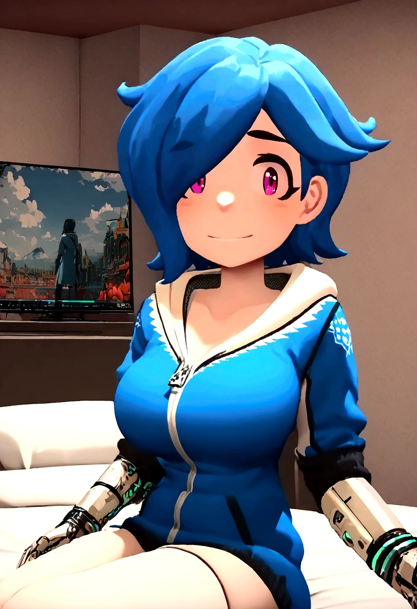 Best quality, masterpiece, big breasts, cybernetic left arm, bedroom, gaming laptop in background, sitting on a bed,