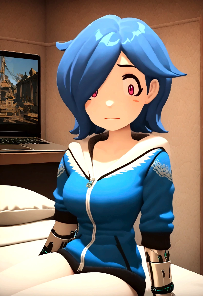 Best quality, masterpiece, big breasts, cybernetic left arm, bedroom, gaming laptop in background, sitting on a bed,