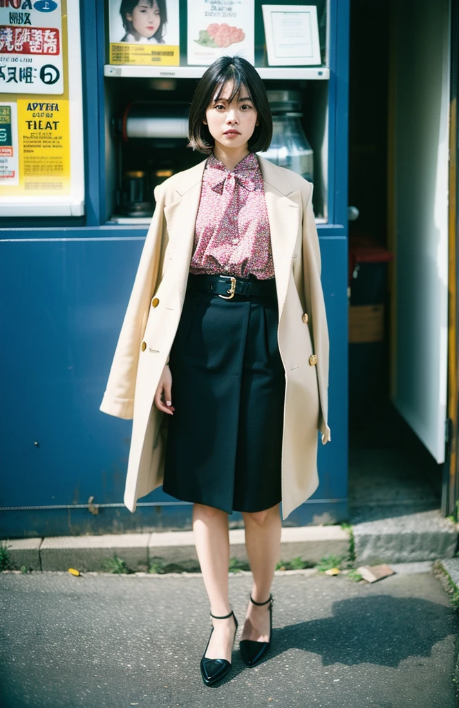 Kodak ULTRAMAX 400, 35mm film photo, cool fashionable japanese woman, emotional photo, single focal length lens, portrait, Japanese photography style, Photo-detailed portrait style, Full body shot,